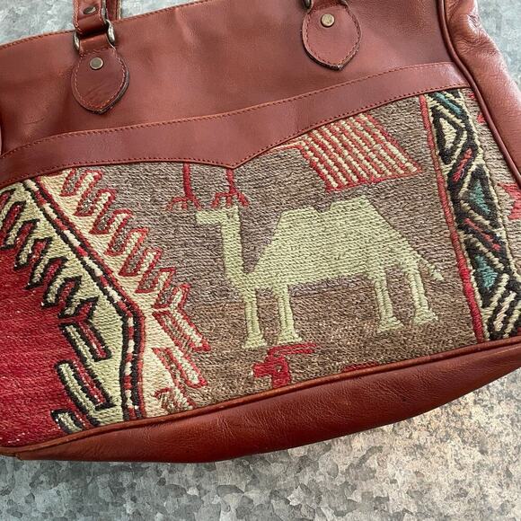 Vintage Turkish Wool Kilim Leather Camel Shoulder Bag Purse Brown Boho Artsy - Picture 2 of 13
